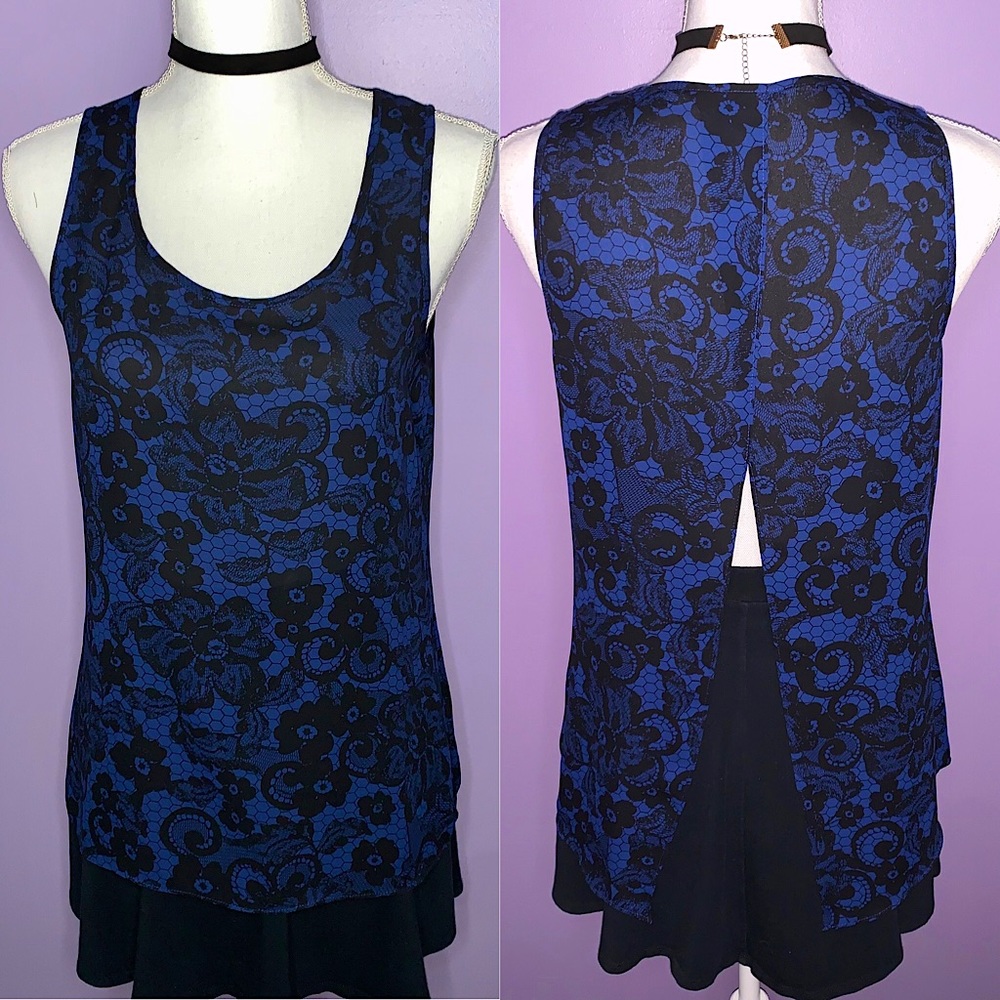 Express Blue and Black Lace Pattern Top
